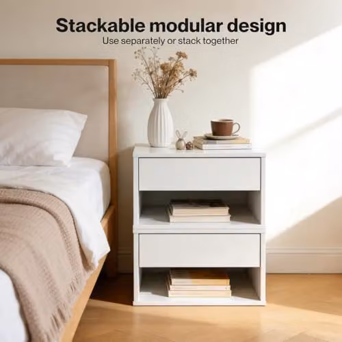 Levede Set of 2 Floating Bedside Tables, Wall Mounted White Nightstands with Drawer and Open Shelf, W/D/H: 37 x 32 x 21 cm – 3