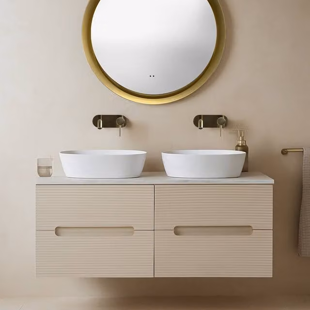 Bathroom Kingdom Monza Fluted Wall Hung Vanity Basin in Oatmeal and Grey, 120 cm