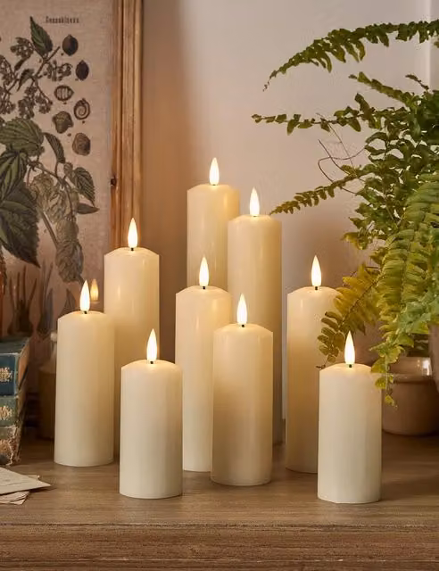 Lights4fun TruGlow Slim Pillar LED Wax Candles, Set of 9, Ivory/Beige/White