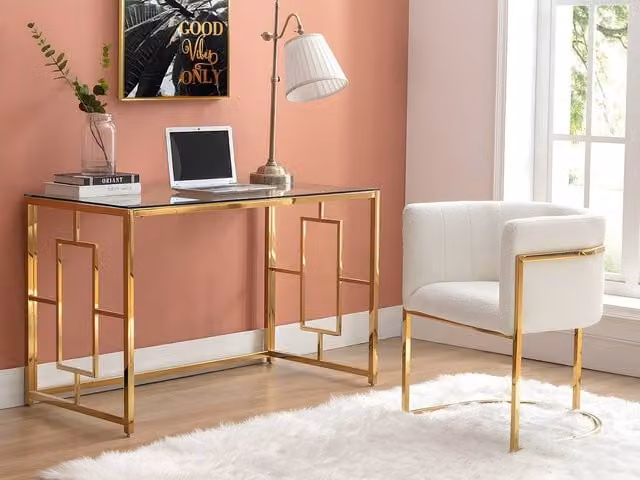 Vente-unique Clotilde Writing Desk in Gold and Transparent Tempered Glass and Steel, W/D/H: 120 x 75 x 78 cm
