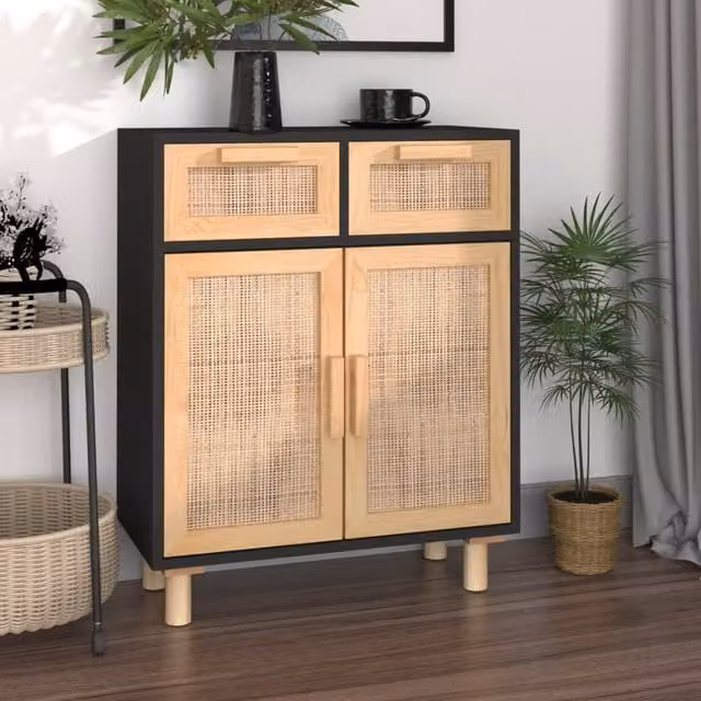 Berkfield Home Black Sideboard in Solid Pine and Natural Rattan, W/D/H: 60 x 30 x 75 cm – 1