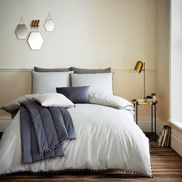 Smart Living Grey Polycotton Pom Pom Duvet Cover and Pillowcases Set, W/D/H: 180 x 200 cm, Pillowcases: 50 x 70 cm