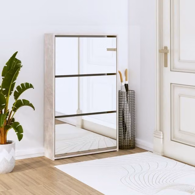 Berkfield Home Modern 3-Layer Wall Mounted Shoe Cabinet with Mirror in Grey, W/D/H: 63 x 17 x 102.5 cm