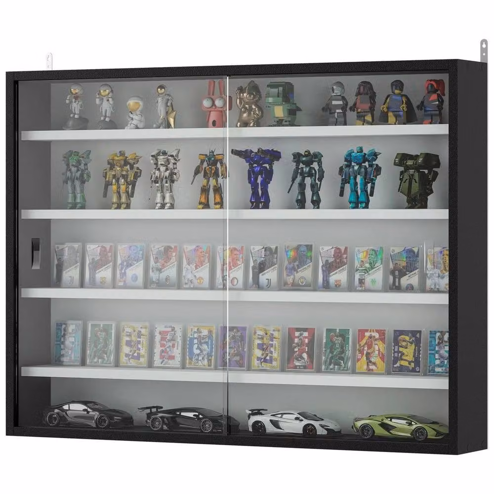 PAWNORA Modern Wall Mounted 5-Tier Display Shelf Cabinet with Glass Doors in Black and White – 3