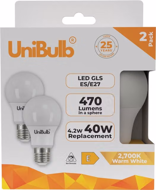 UniBulb LED GLS E27 Warm White Bulb, 470lm, 2700K