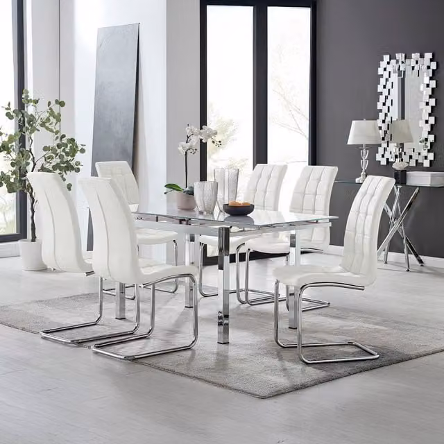 Furniturebox Enna White Glossy Glass Extending Rectangular Dining Table and 6 Murano Chairs