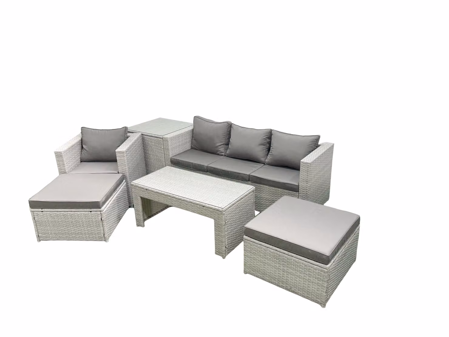 Fimous 6 Seater Rattan Garden Furniture Set with Grey Cushions, Coffee Table and Ottomans – 2