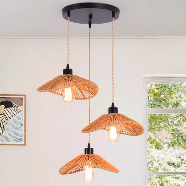 Garwarm 3-Light Rattan Farmhouse Boho Cluster Pendant Light in Bronze