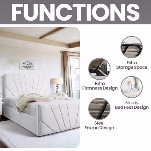 Living Comfort Bedz Sunrise Lined Panel Bed in White Plush Velvet with Solid Wooden Slats, Super King Size, W/D/H: 200 x 180 x 127 cm – 4
