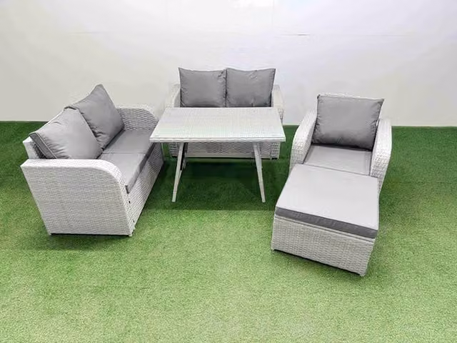Fimous 6 Seater L-Shape Rattan Garden Furniture Set in Light Grey with Upholstered Cushions, Coffee Table and Ottoman
