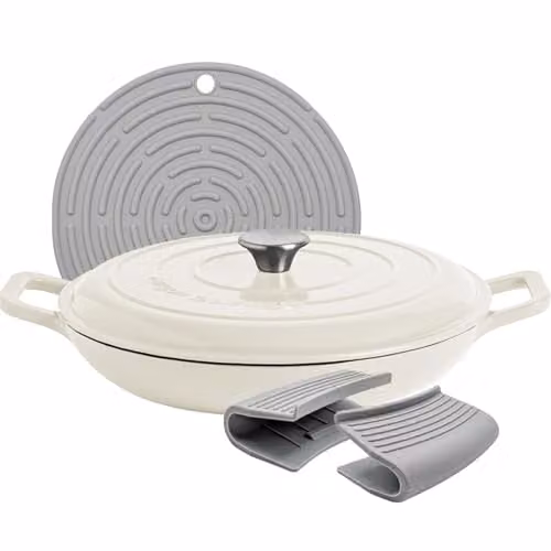 Argon Tableware Enamelled Cast Iron Shallow Casserole Dish with Self-Basting Lid, 2.3 l, Grey or White