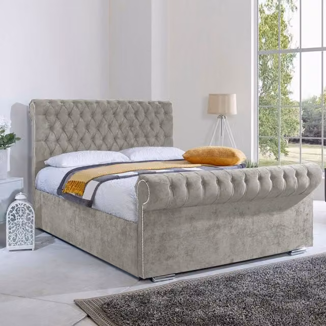 Desire Deco Upholstered Velvet Sleigh Bed Frame in Silver, W/D/H: 180 x 200 cm