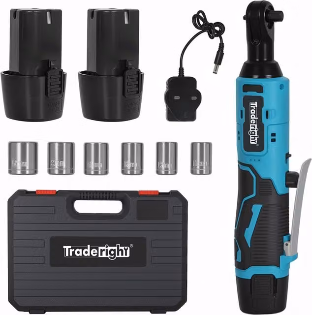Traderight 12V Cordless Ratchet Wrench 3/8 Inch Drive with LED Charger Kit, Blue and Black