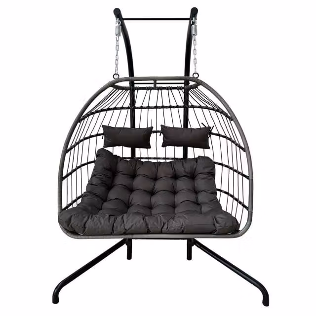 OHS Grey Foldable Double Hanging Egg Chair with Cushions in Polyrattan