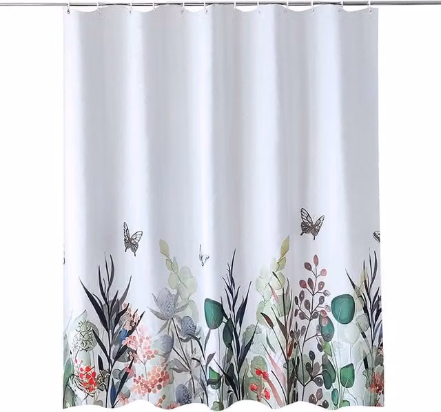 Neel Blue Wildflower Themed Water Resistant Polyester Shower Curtain in White and Blue, W/D/H: 180 x 200 cm