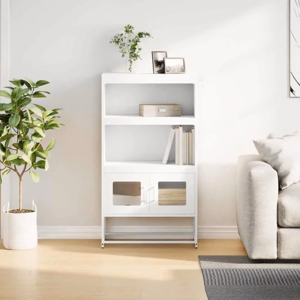 Berkfield Home White Steel Highboard with Glass Doors, W/D/H: 68 x 39 x 123 cm – 2
