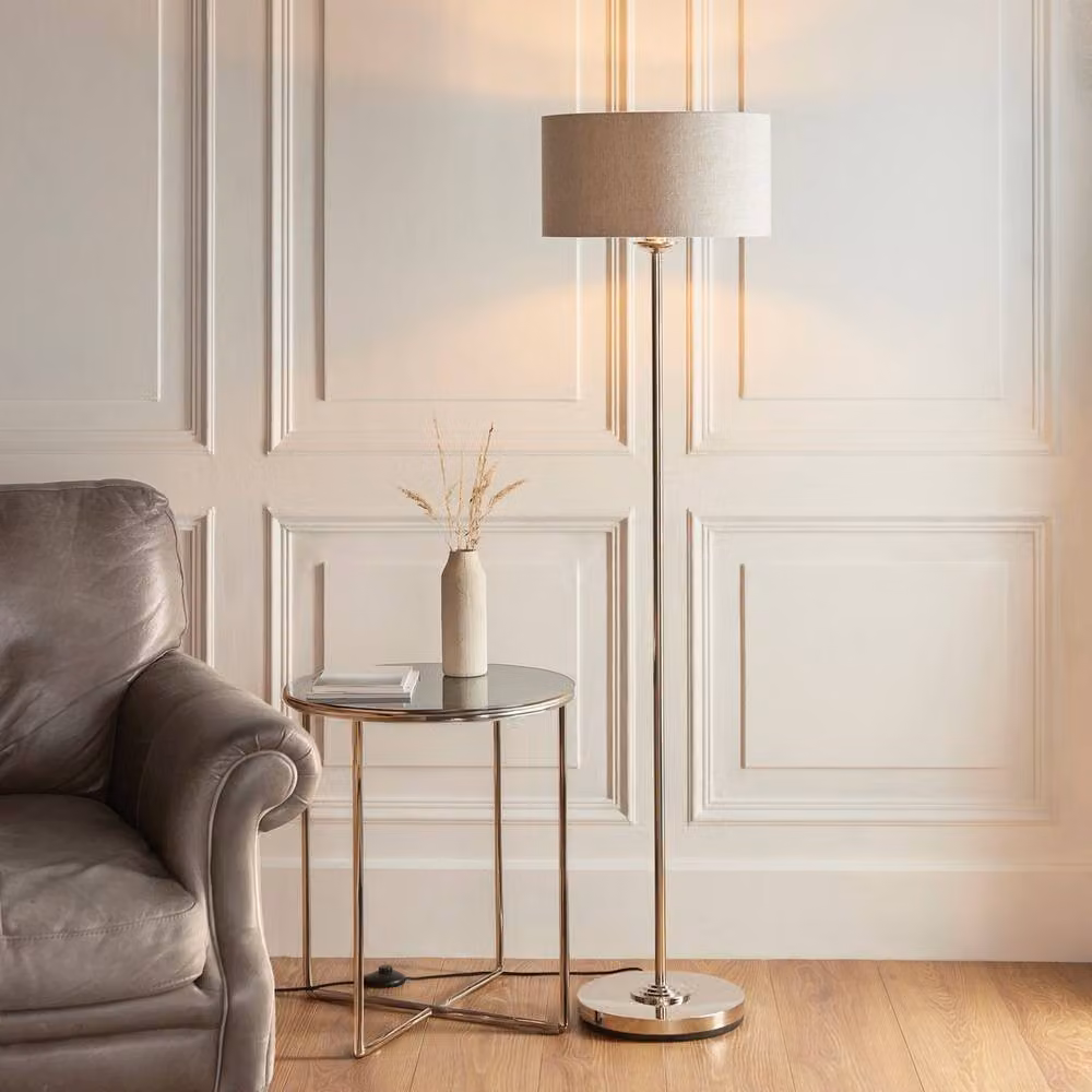 Netlighting Highclere Cylinder Floor Lamp Shade in Beige Linen with Chrome Plate, E27 – 2