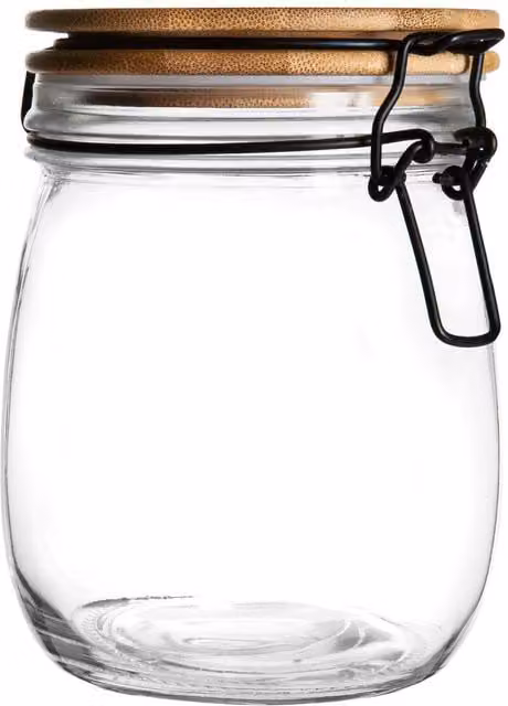 Argon Tableware Transparent Glass Storage Jar with Wooden Clip Lid and Black Silicone Seal, 0.75 l