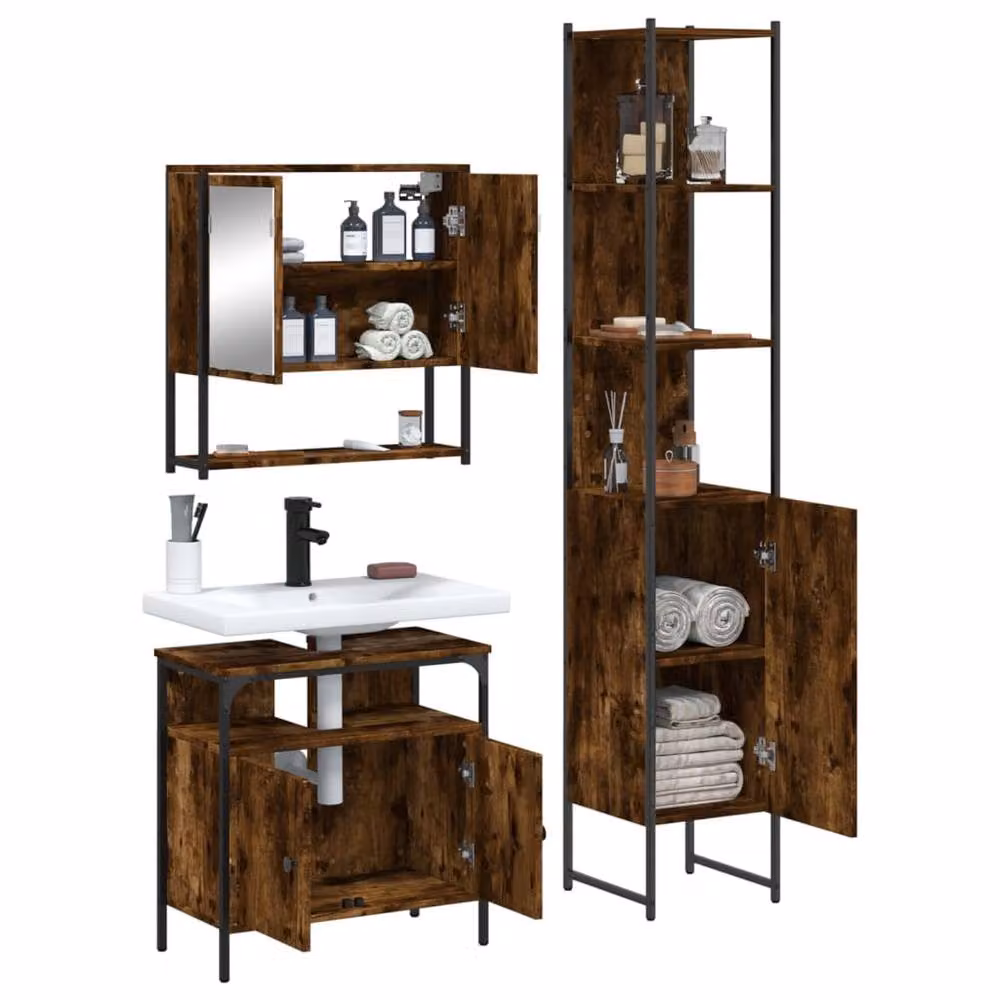 Berkfield Home 3 Piece Industrial Bathroom Furniture Set in Smoked Oak Brown – 3