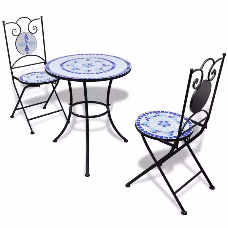 Berkfield Home 3 Piece Mediterranean Bistro Set in Blue and White Ceramic and Metal