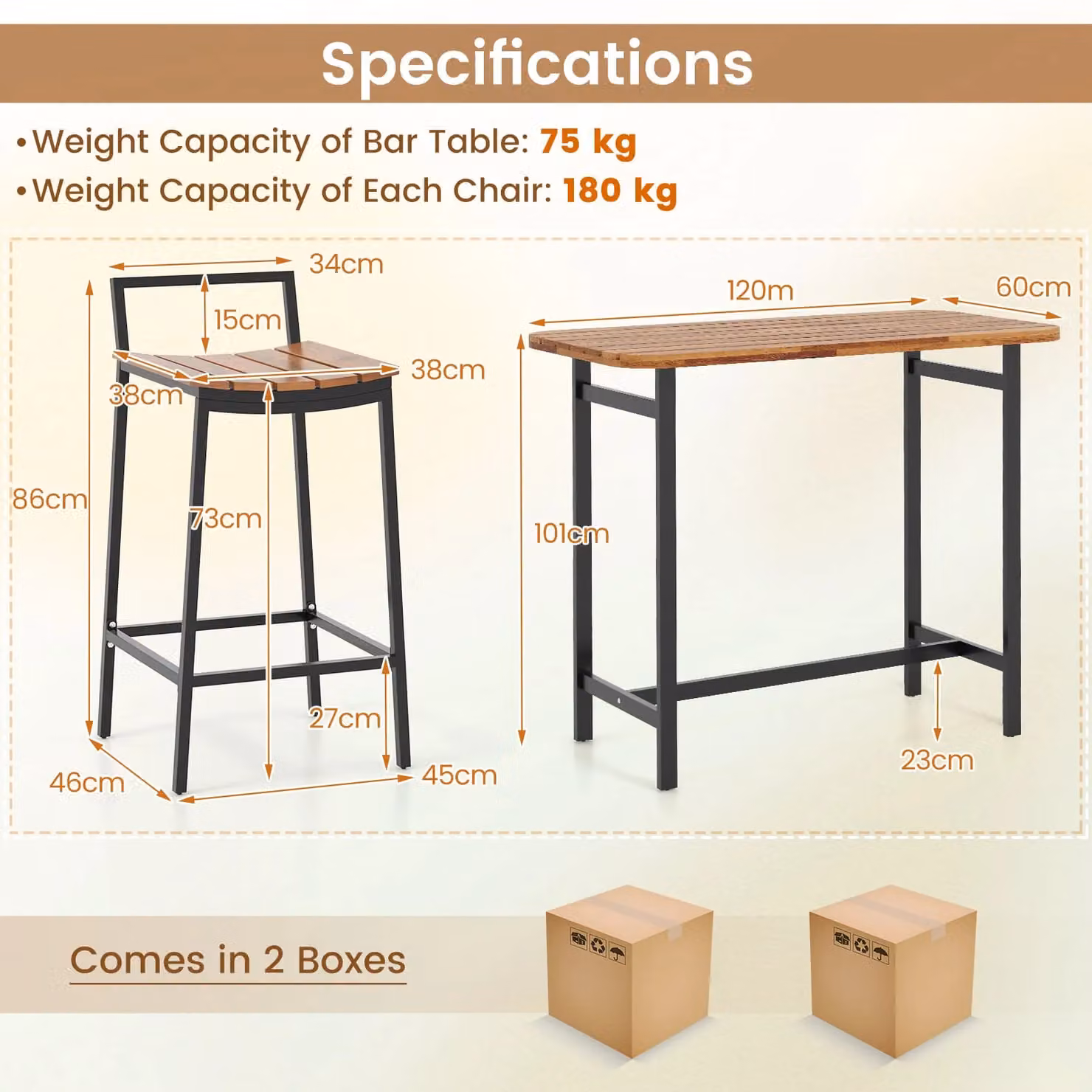 Costway 5-Piece Acacia Wood Outdoor Bar Table and Chairs Set in Natural Brown – 2
