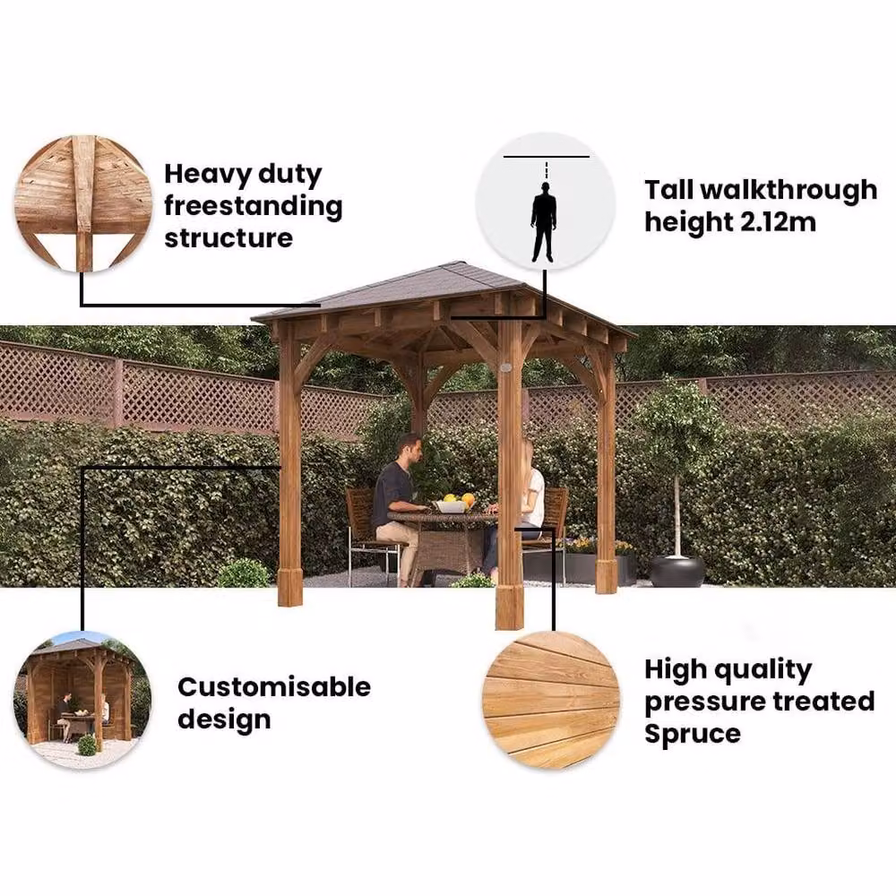 Dunster House Leviathan Heavy Duty Wooden Gazebo in Brown with Black Bitumen Shingles, W/D/H: 283 x 233 x 232 cm – 9