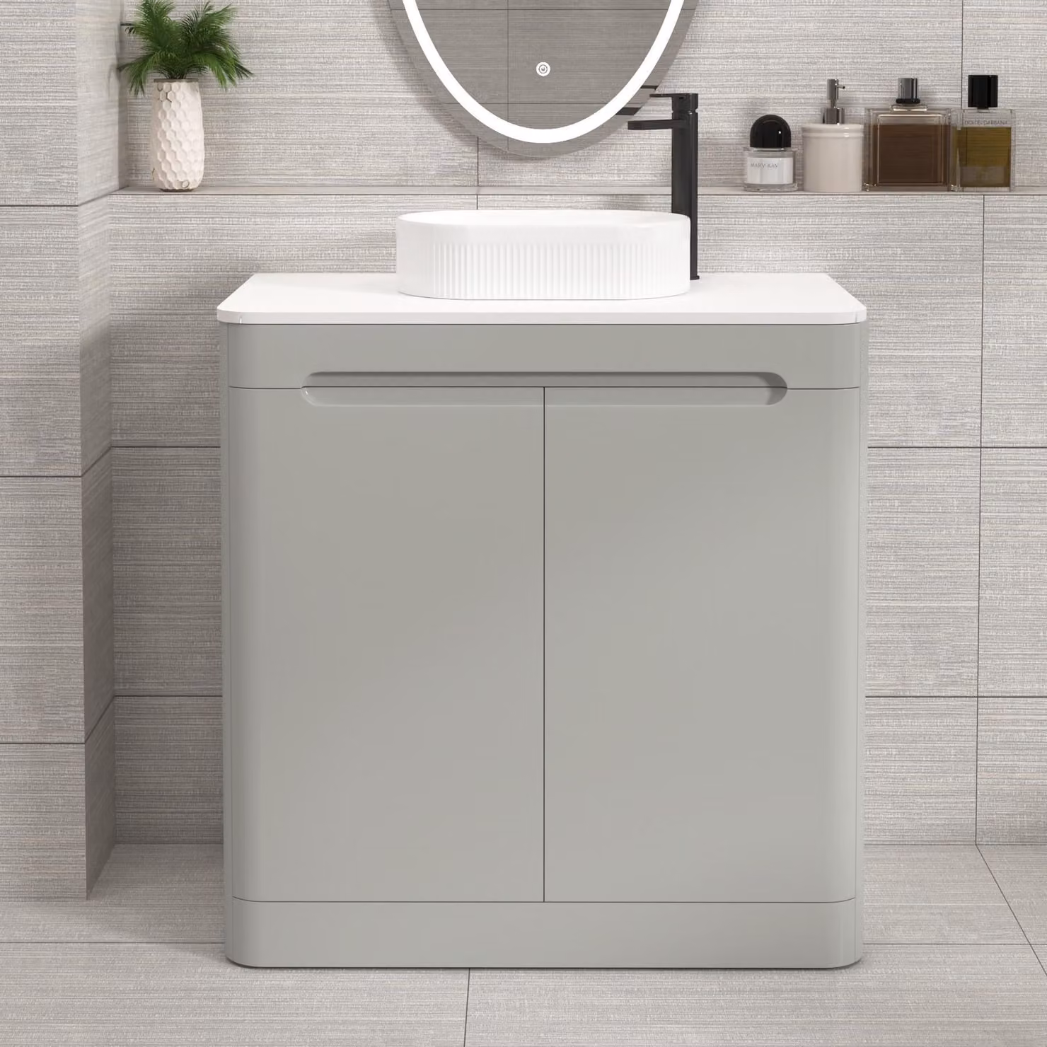 Royal Bathrooms Venice 800mm Floor Standing 2 Door Vanity Unit in Dove Grey with Plain White Worktop and Lyon Basin