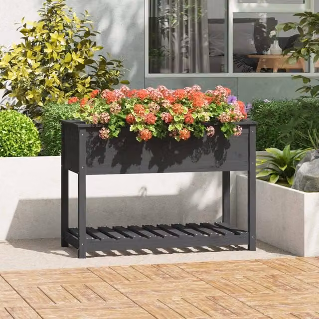 Berkfield Home Rustic Grey Solid Wood Pine Planter with Shelf W/D/H: 111.5 x 54 x 81 cm – 1