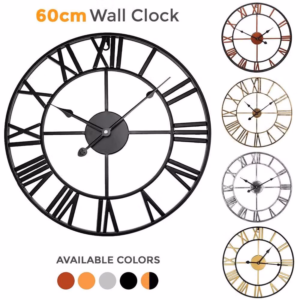 FLAVORA Black Metal Skeleton Wall Clock with Roman Numerals, Diameter: 60 cm – 3