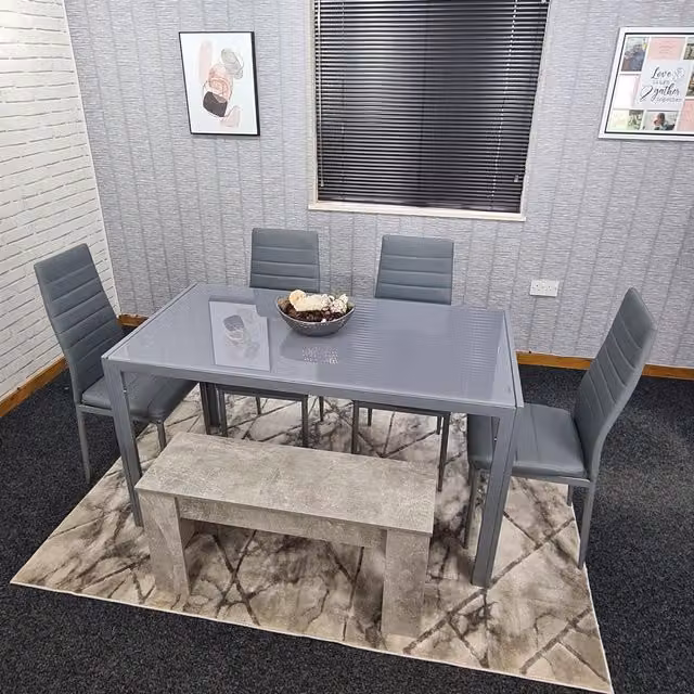 KOSY KOALA Modern Rectangular Glass Dining Table Set with 4 Grey Chairs and 1 Brown Bench – 2