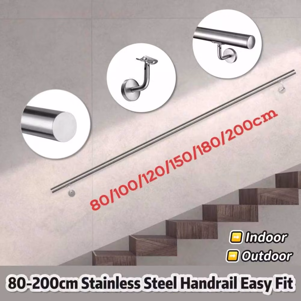 FLAVORA Stainless Steel Wall Mounted Round Stair Handrail, Silver, Length: 100 cm – 2