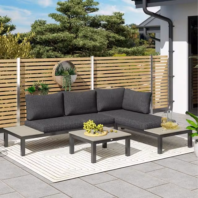 Outsunny Grey L-Shape Garden Corner Sofa and Coffee Table Set with Upholstered Cushions