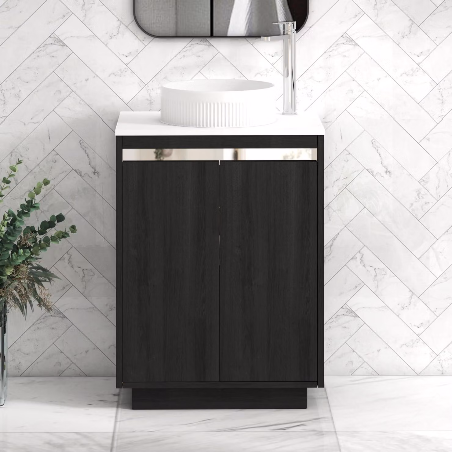 Royal Bathrooms Orion 600mm Hale Black and White Floor Standing 2 Door Vanity Unit with Round Basin and Chrome Accent Trim