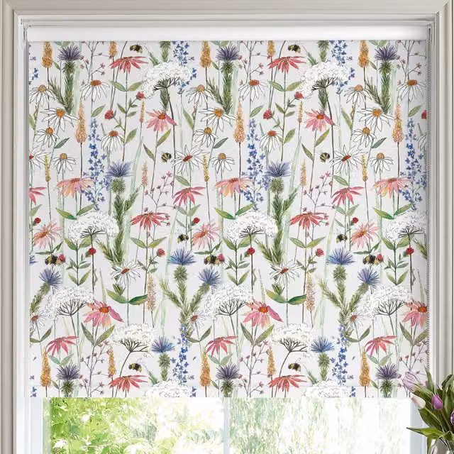 Voyage Hermione Made to Measure Blackout Roller Blind in Black and Multicolour Floral Linen