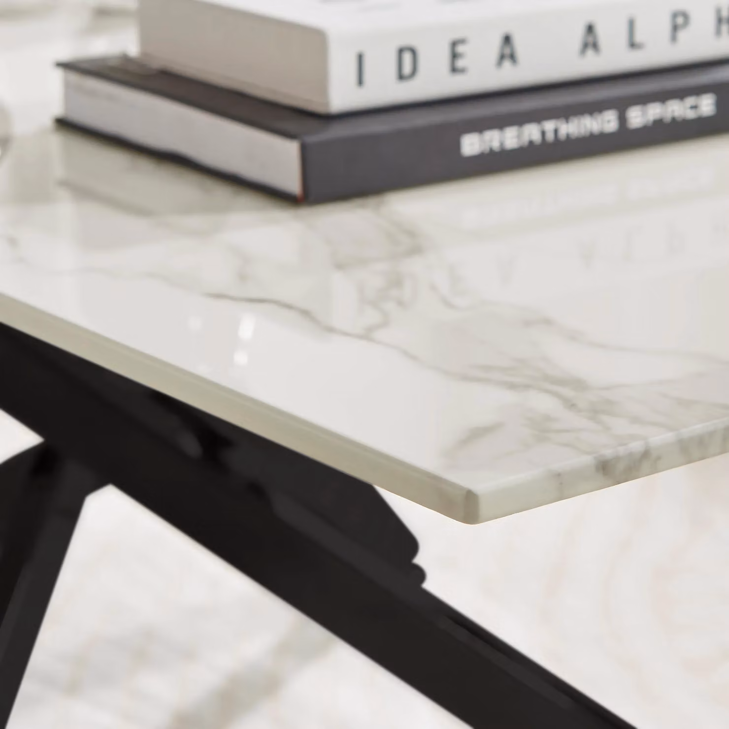 FurnitureboxUK Leonardo Rectangular Marble Effect Glass Top Coffee Table with Black Metal Starburst Legs in White – 2