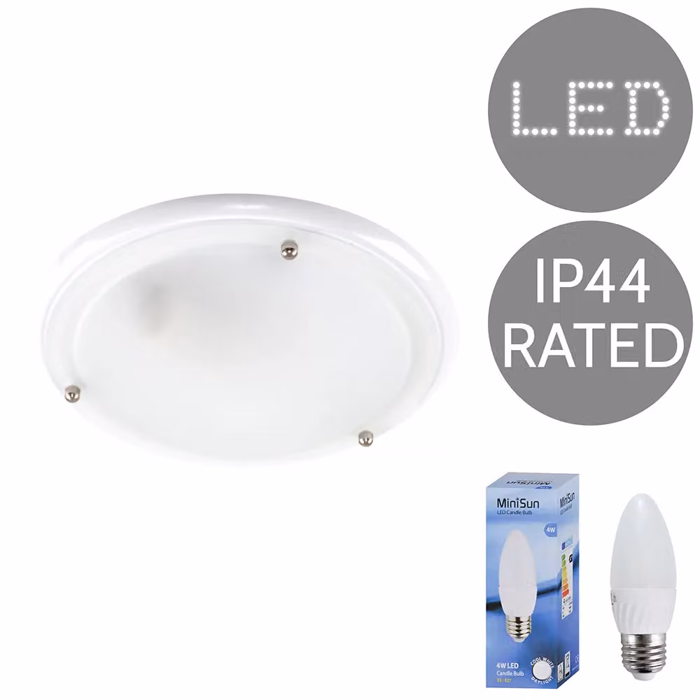 ValueLights Modern Round Glass and Metal IP44 Rated White Ceiling Light with Cool White LED Bulb – 2