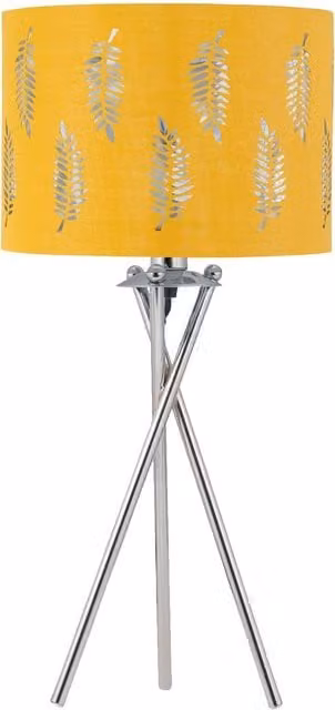 First Choice Lighting Chrome Tripod Table Lamp with Ochre Fern Cut Out Fabric Shade in Silver