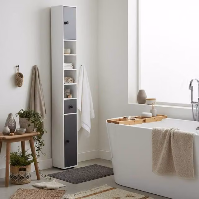 Wyld Haus Fidire Tall Slim Bathroom Cabinet in White and Grey with Drawers, Shelves and LED Lighting – 1