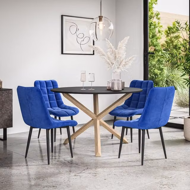 More4Homes Malvern Round Dining Table and Set of 4 Nova Blue Velvet Chairs with Black Top and Solid Oak Legs, Diameter: 120 cm, Height: 75 cm