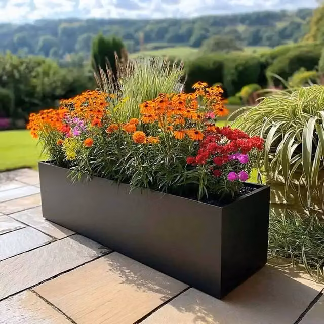 Matte Black Galvanised Steel Trough Planter Tub for Ornamental and Herb Gardens, Width: 100 cm