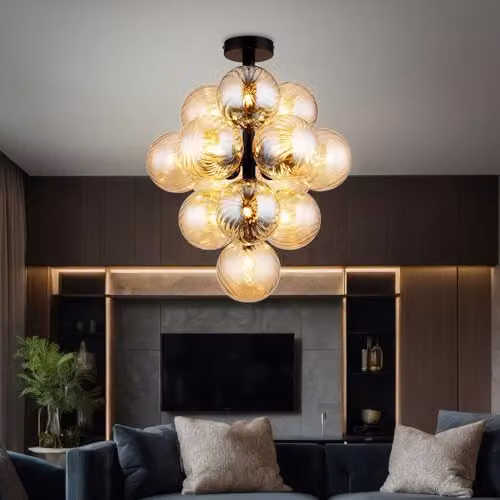 Netlighting Conor Globe Ceiling Light with Amber Glass Spheres and Black Metal Finish, 9x G9 Bulbs, Diameter: 39.5 cm – 2