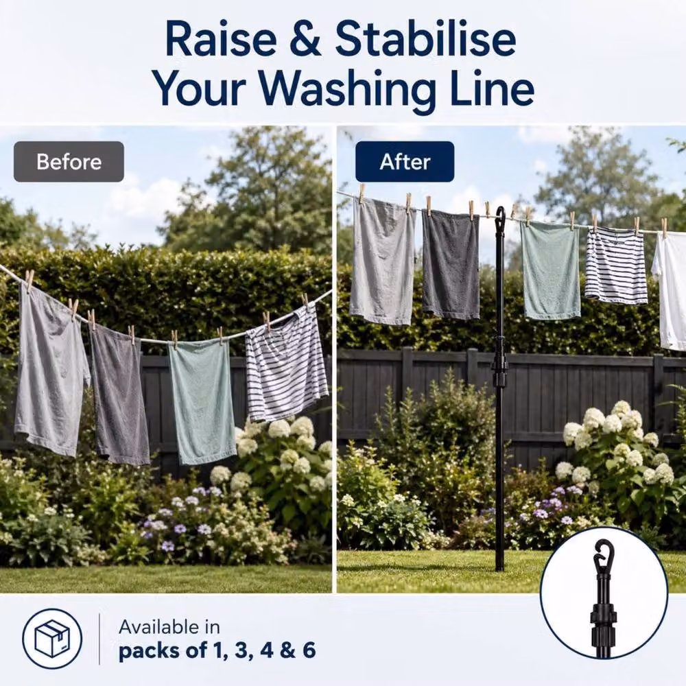 FLAVORA 2-Piece Black Telescopic Extendable Outdoor Washing Line Prop, W/D/H: 100 x 15 cm – 3
