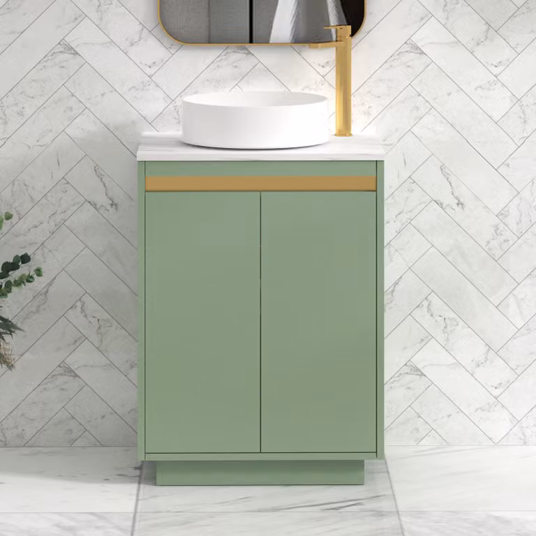 Royal Bathrooms Orion 600mm Mint Sage Floor Standing Countertop Vanity Unit with 2 Soft Close Doors, Art Basin and Brushed Brass Accent Trim