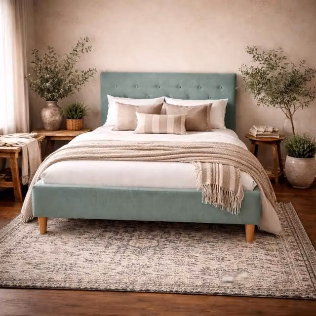Wyld Haus Kinsale Double Bed in Blue Velvet with Upholstered Frame, W/D/H: 140 x 200 x 144.5 cm