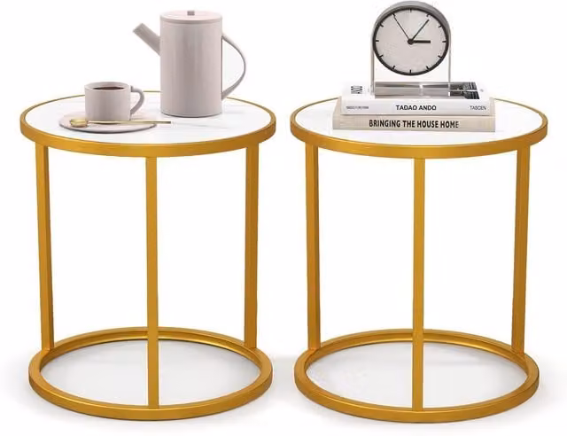 COSTWAY Set of 2 Round Marble End Tables with Gold Metal Legs in White