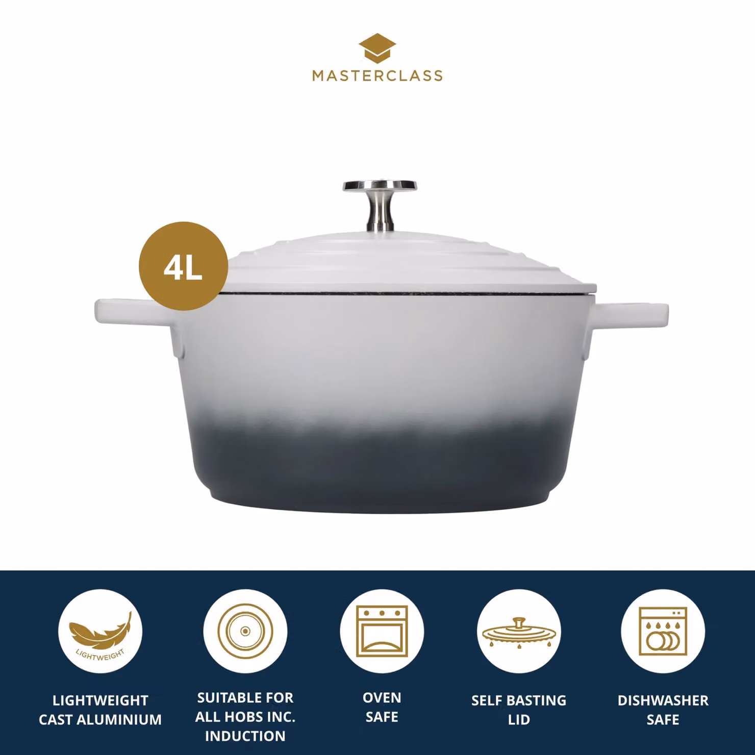 MasterClass Non-Stick Aluminium Lightweight 4 Litre Casserole Dish with Lid in Grey – 7
