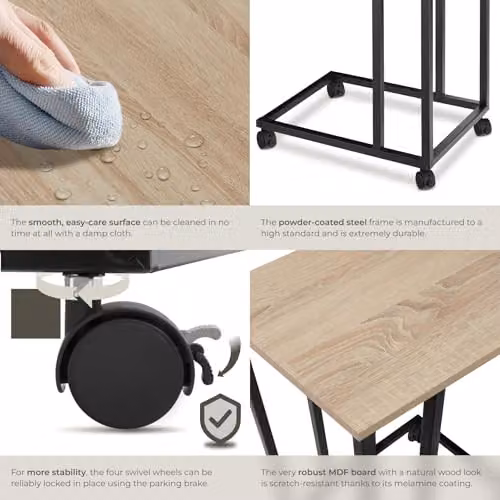 tectake C-Shaped Industrial Side Table with Steel Frame and Swivel Castors, Light Wood and Black, W: 48 cm, D: 35 cm, H: 70 cm – 4