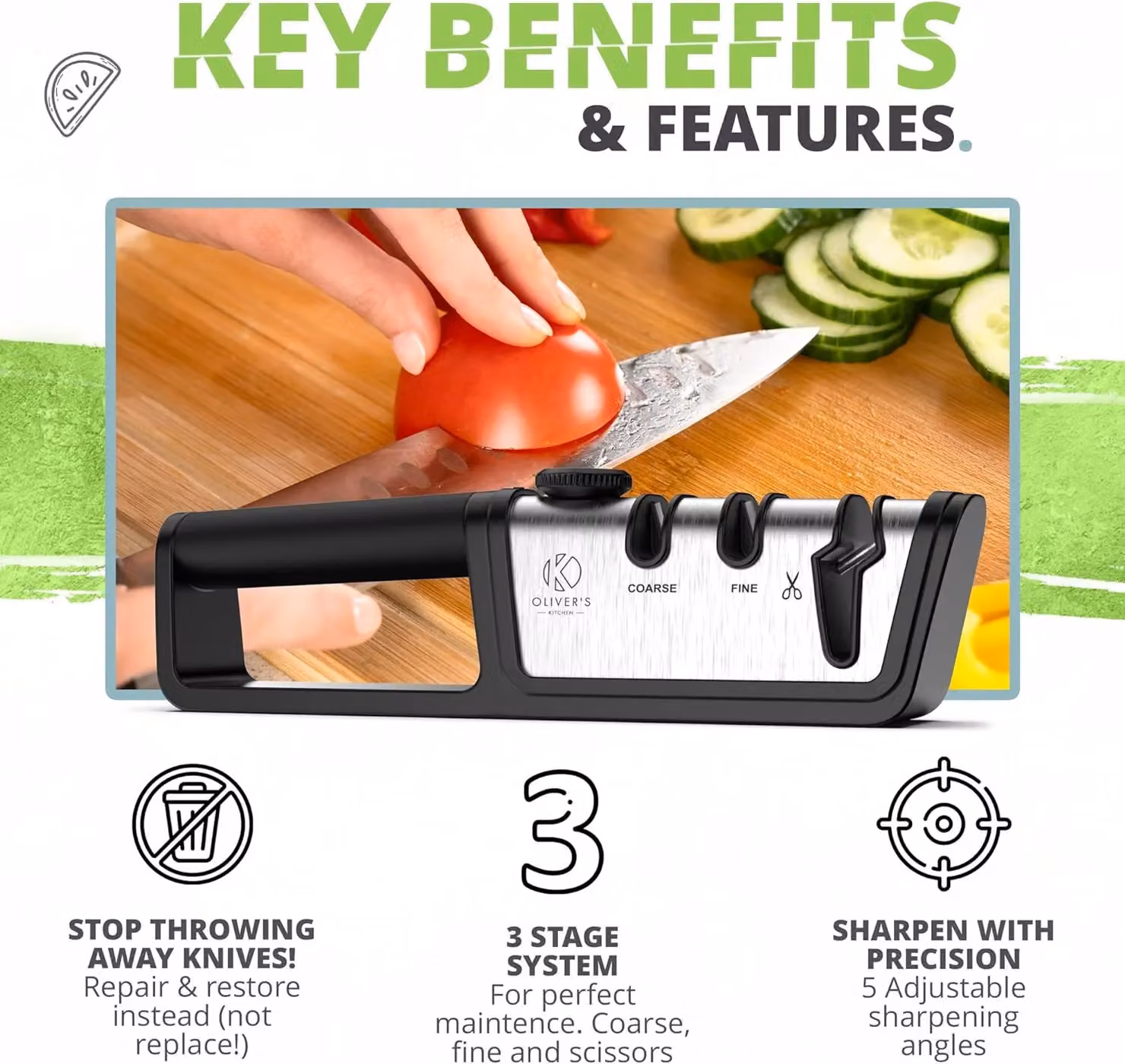 Oliver's Kitchen 3-Stage Knife Sharpener in Black – 5