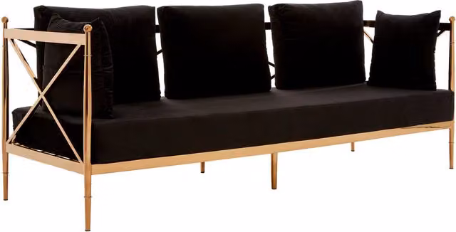 Fifty Five South Novo 3 Seater Black Velvet Sofa with Rose Gold Metal Frame and Scatter Cushions