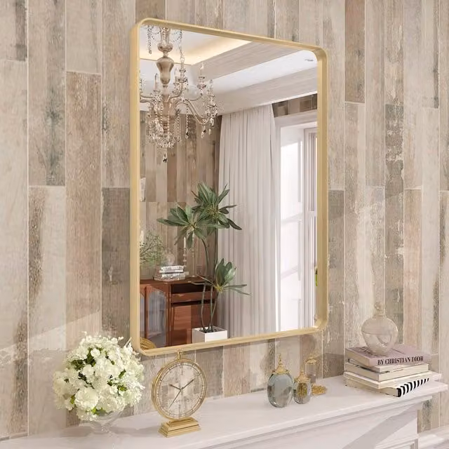 Livingandhome Rectangular Minimalist Metal Frame Explosion-Proof Wall Mirror in Gold